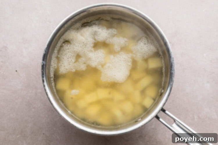 Overhead view of a silver pot holding boiling water, cubed potatoes, and salt on a neutral countertop.