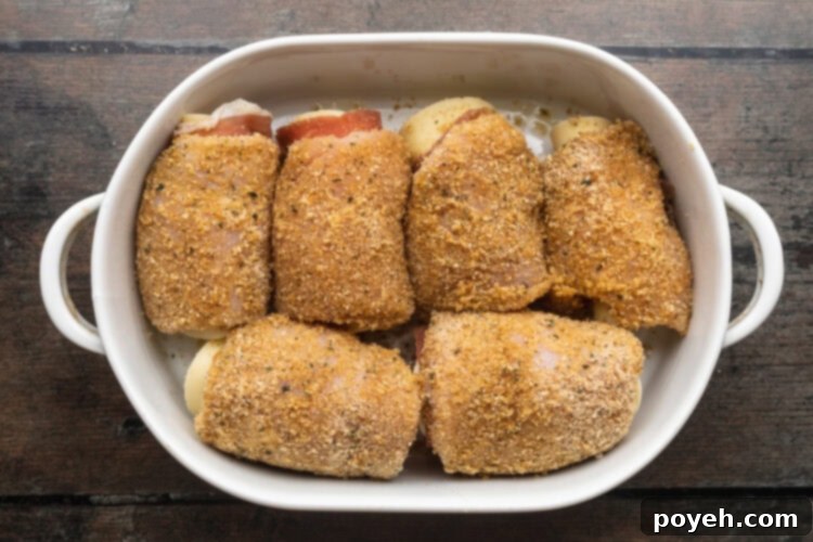 Rolled chicken cutlets in a large oval baking dish. Chicken cutlets are topped with breadcrumbs and stuffed with cheese and prosciutto.