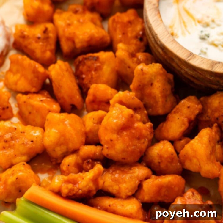 Cubes of orange buffalo-sauce-covered tofu, baked until crispy, on a sheet of parchment paper with a bowl of ranch and sticks of celery.