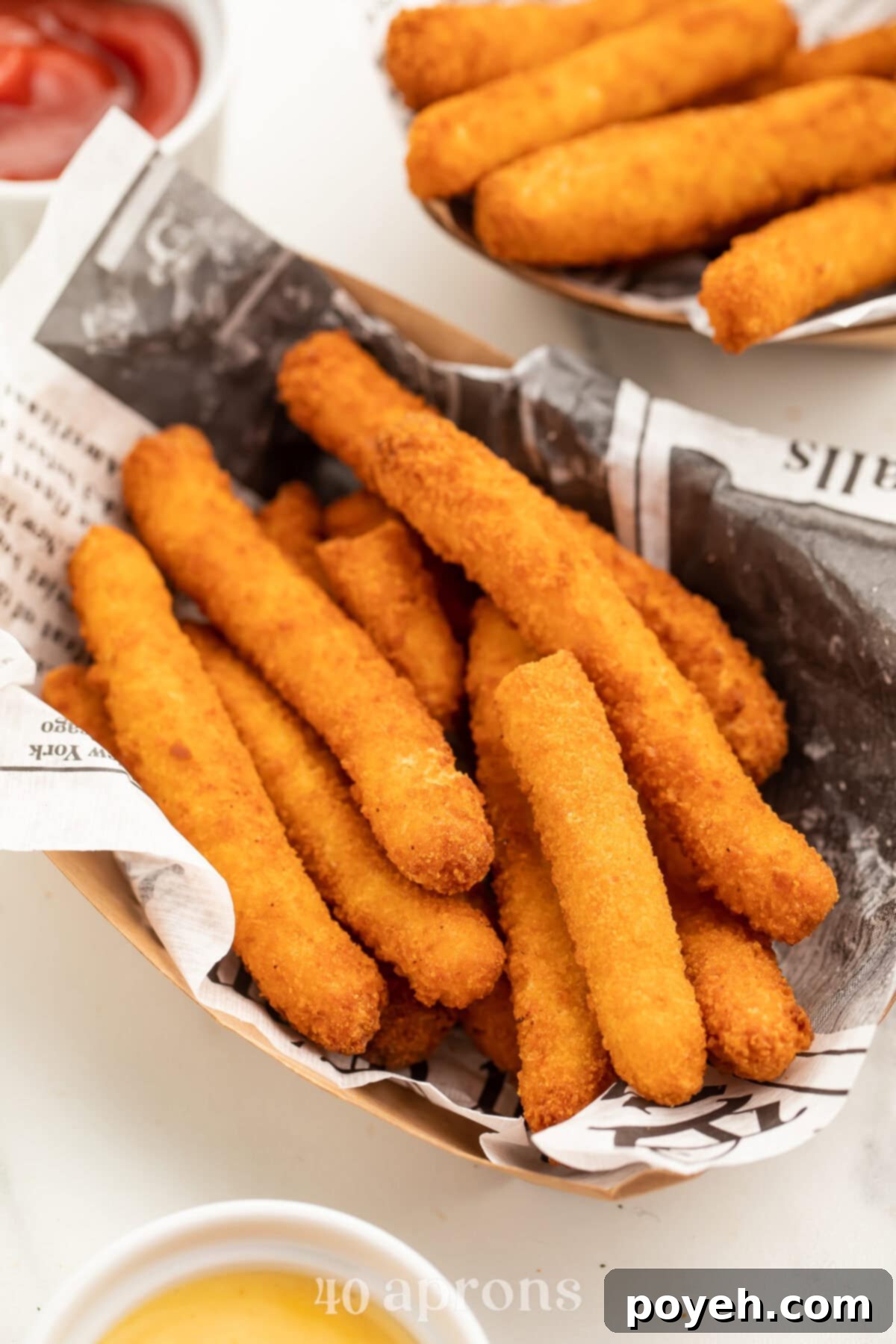 Air fryer frozen chicken fries in a cardboard fry basket lined with newspaper next to small containers of dipping sauce.