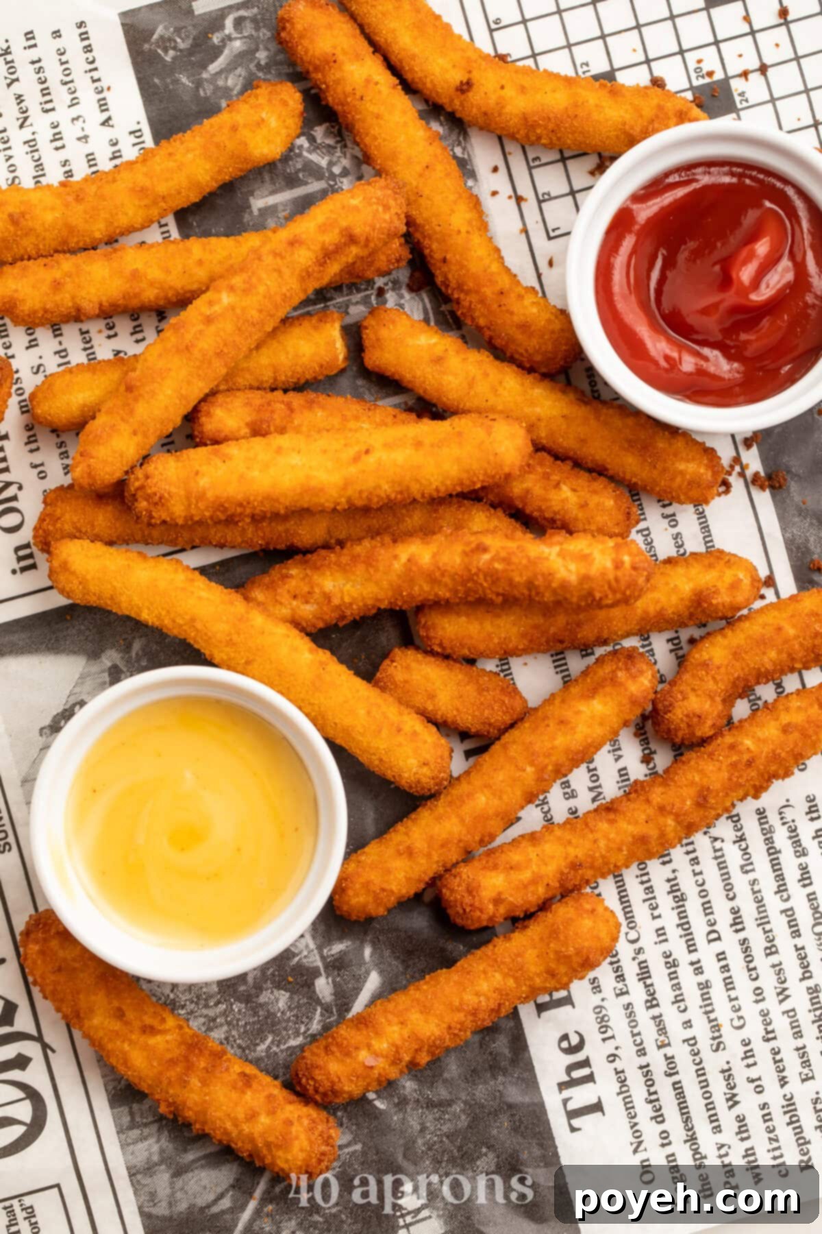 Air fryer frozen chicken fries, cooked until crispy, spread out on newspaper next to small containers of ketchup and honey mustard.
