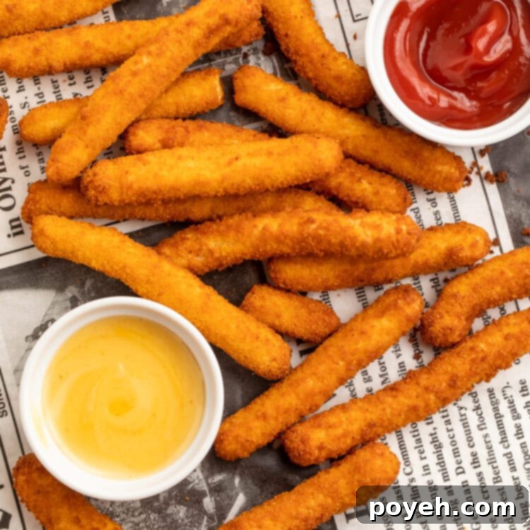 Air fryer frozen chicken fries, cooked until crispy, spread out on newspaper next to small containers of ketchup and honey mustard.