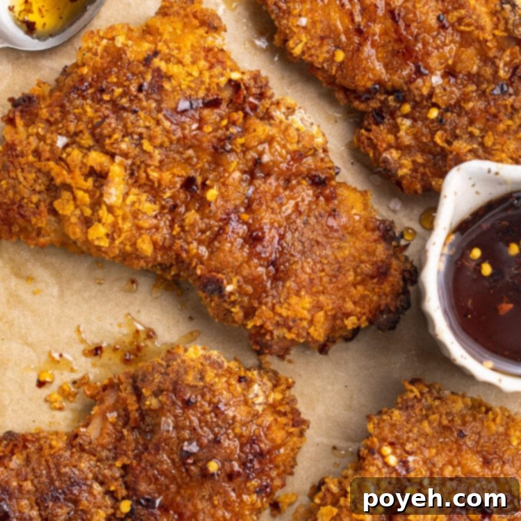 Hot honey chicken on a baking sheet lined with parchment paper next to a ramekin of hot honey sauce.