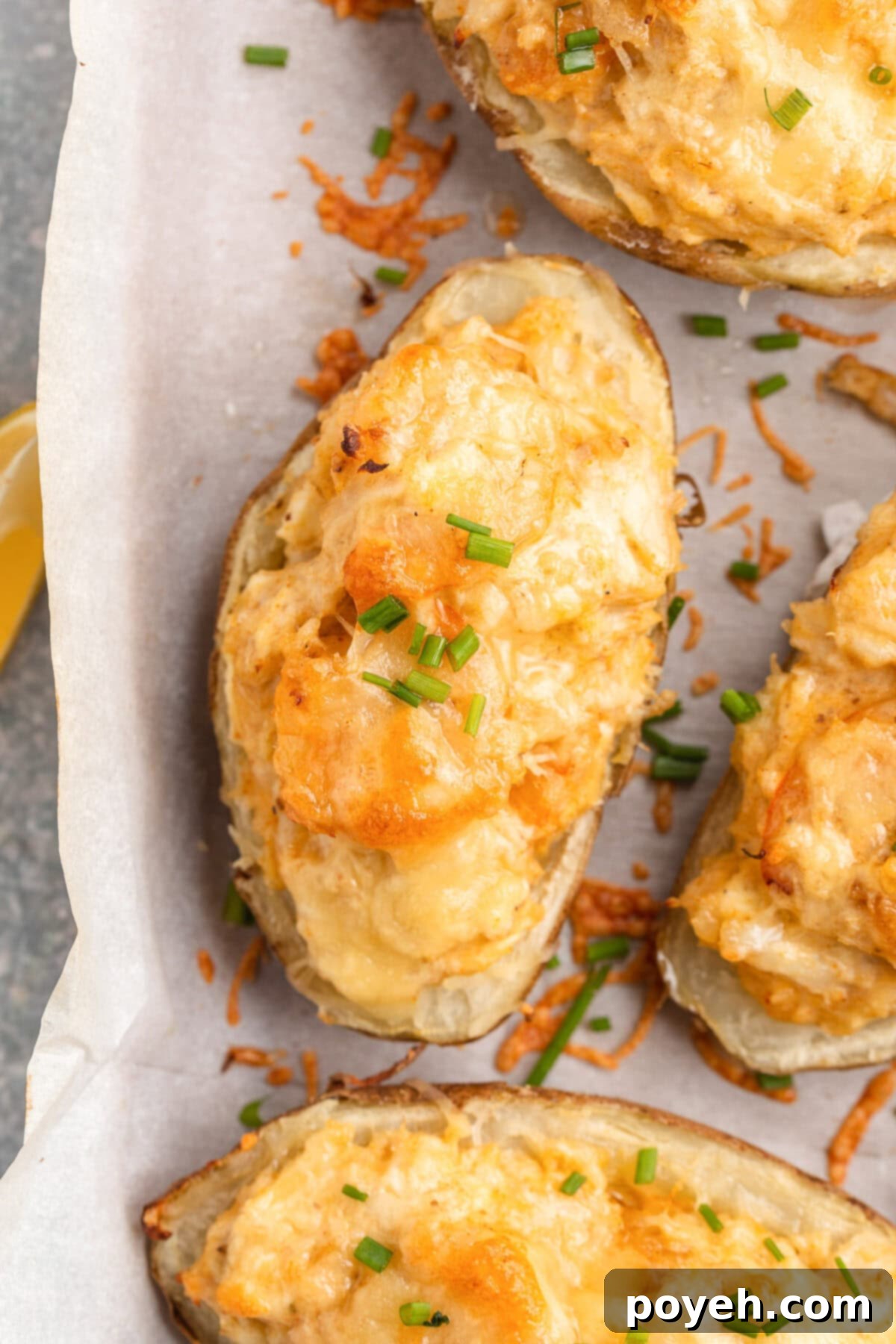 Overhead, top-down view of a halved baked potato stuffed with cheese and various seafoods.