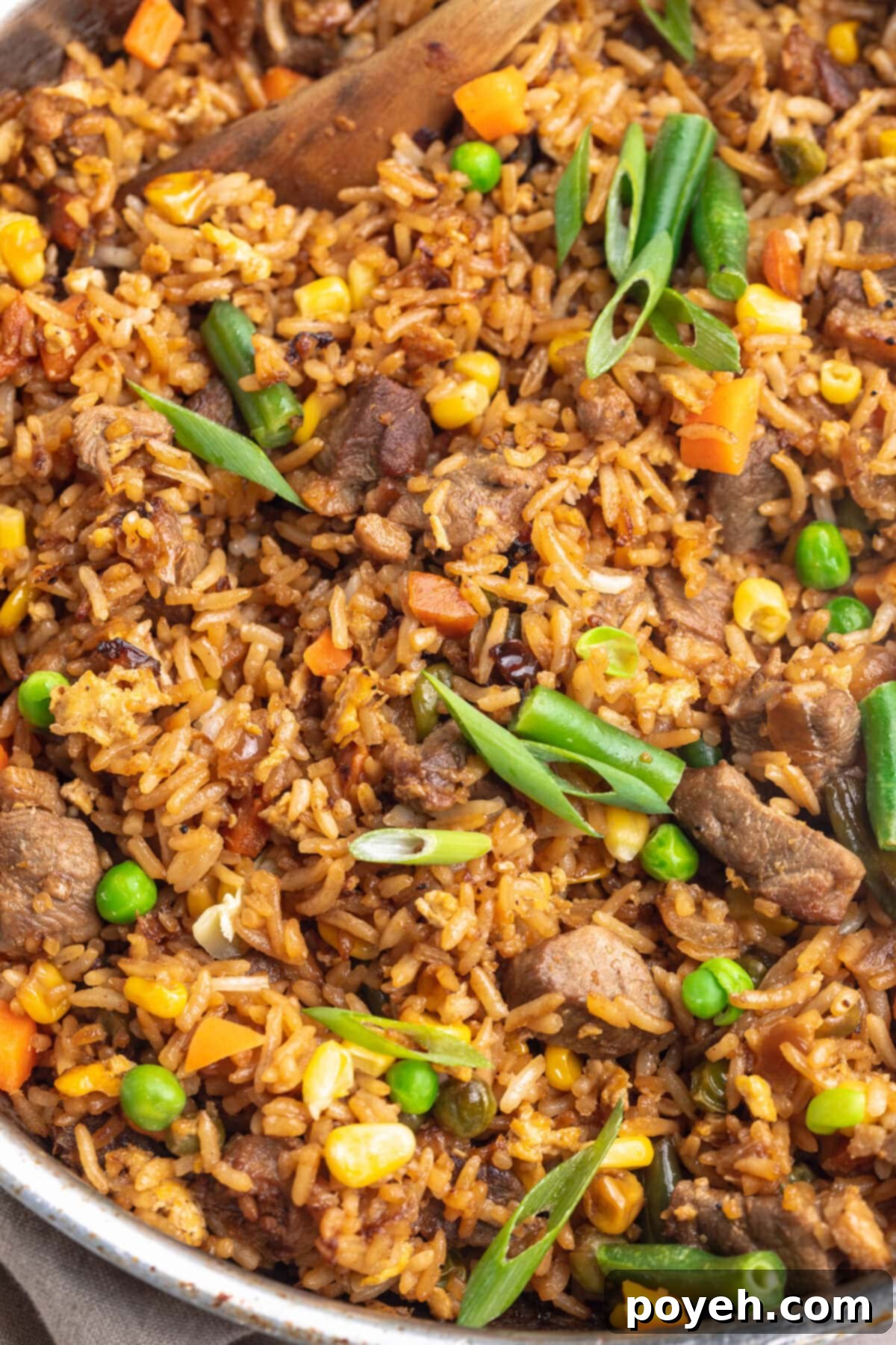 Close-up of duck fried rice in a silver skillet. The rice is dotted with green beans, green peas, and orange carrots.