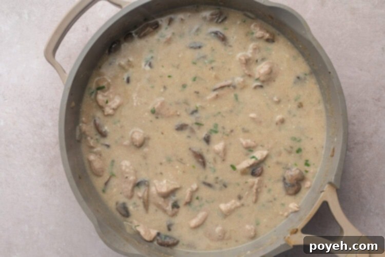 Overhead view of prepared pork stroganoff in a large skillet, with creamy sauce and herbs.