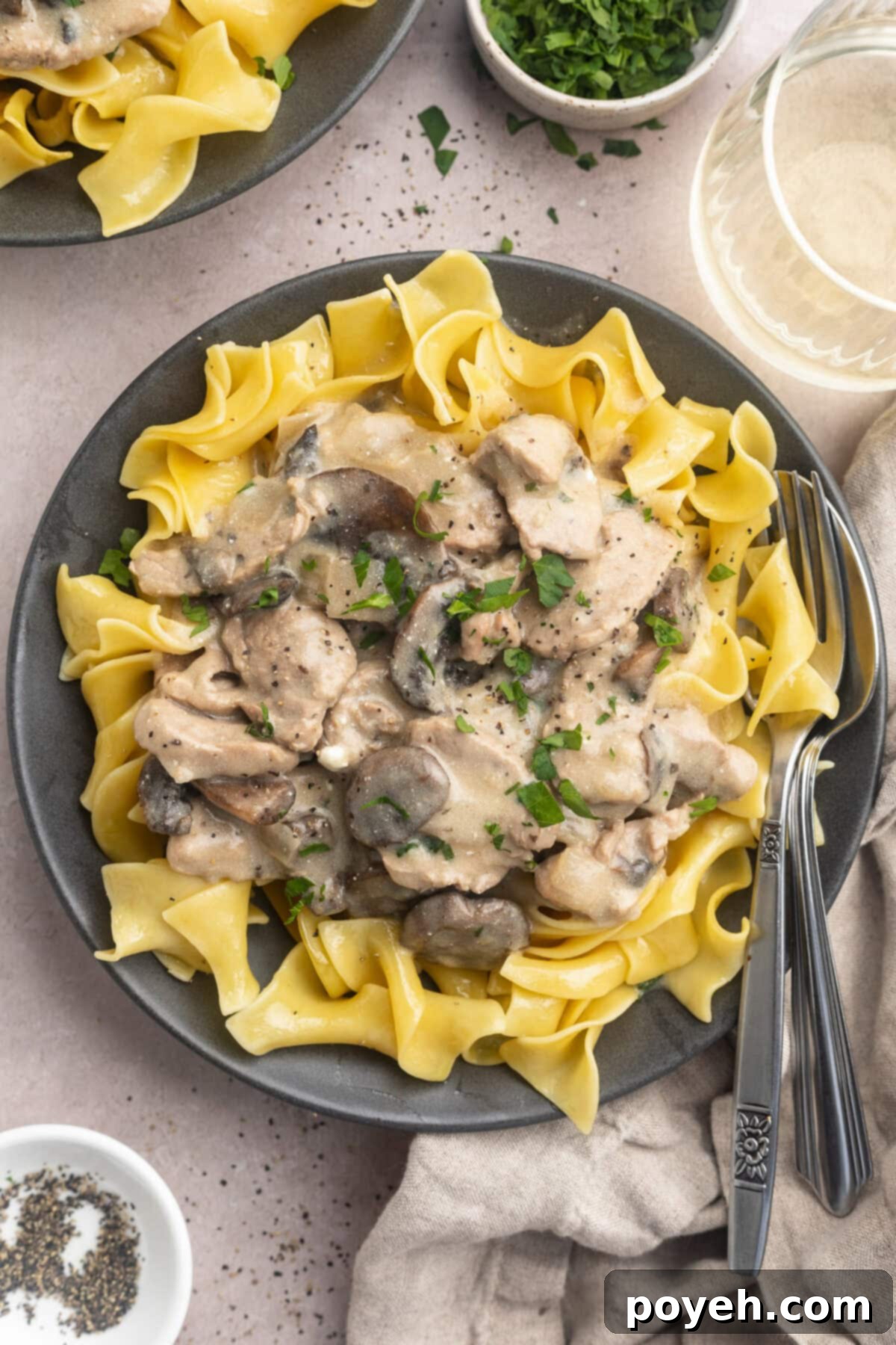 Zoomed out overhead photo of savory pork stroganoff in a dark grey bowl with egg noodles and fresh herbs, ready to be served.