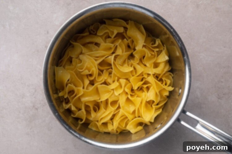 Al dente egg noodles in a large silver saucepan with a single silver handle.