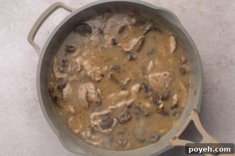 Browned strips of pork tenderloin in large skillet with sauteed mushrooms and onions, dry sherry, and beef broth.