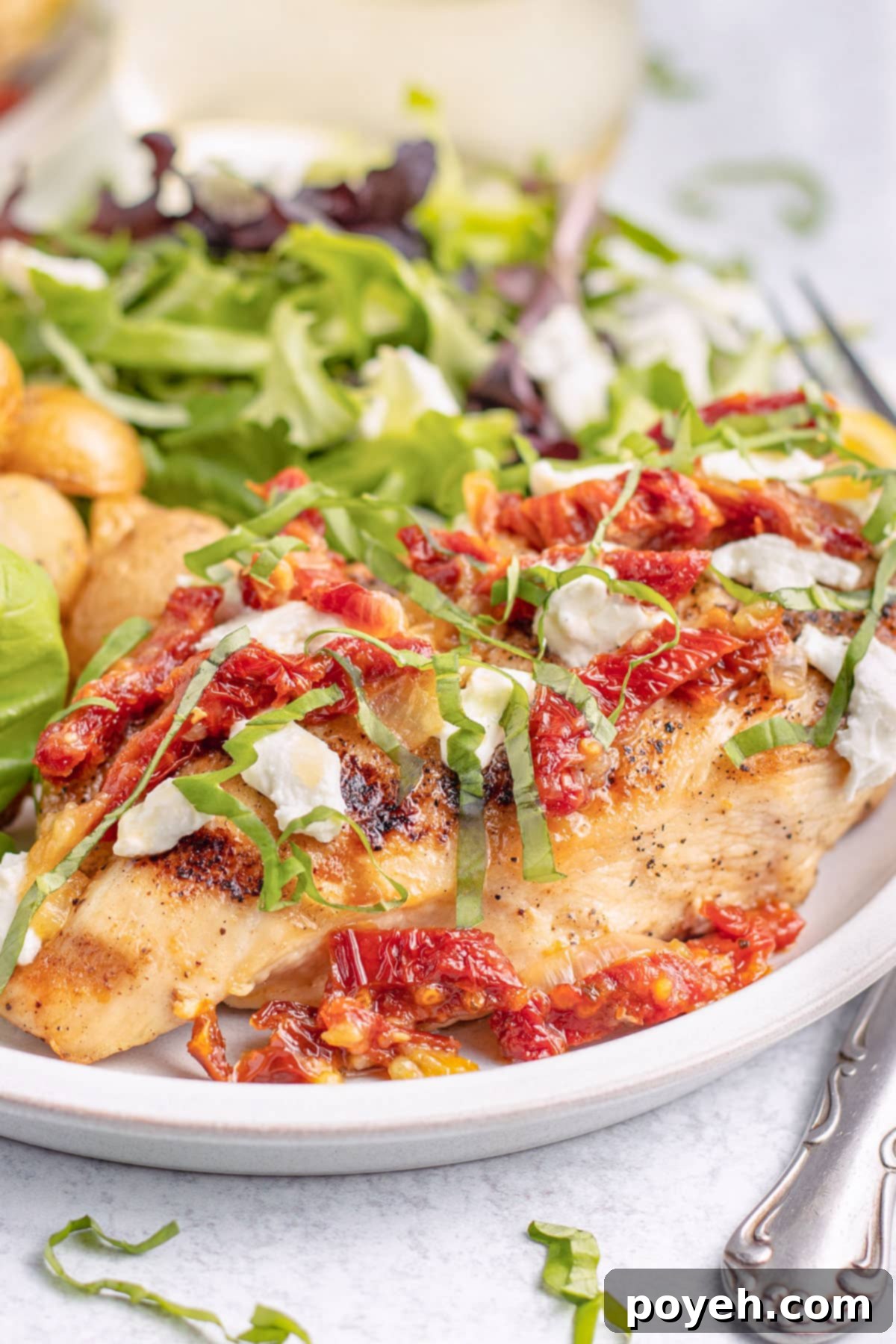 Side view of a chicken bryan chicken breast on a plate with baby potatoes and a small salad.