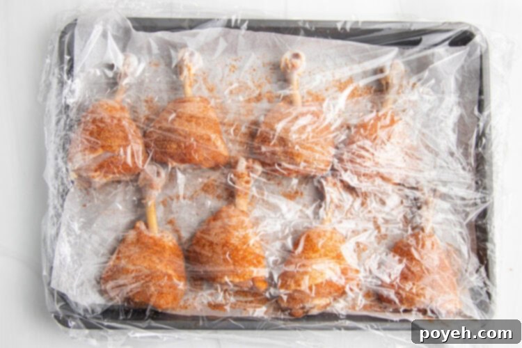 Dry rub seasoned drumsticks laying on a baking sheet lined with aluminum foil, covered with plastic wrap.