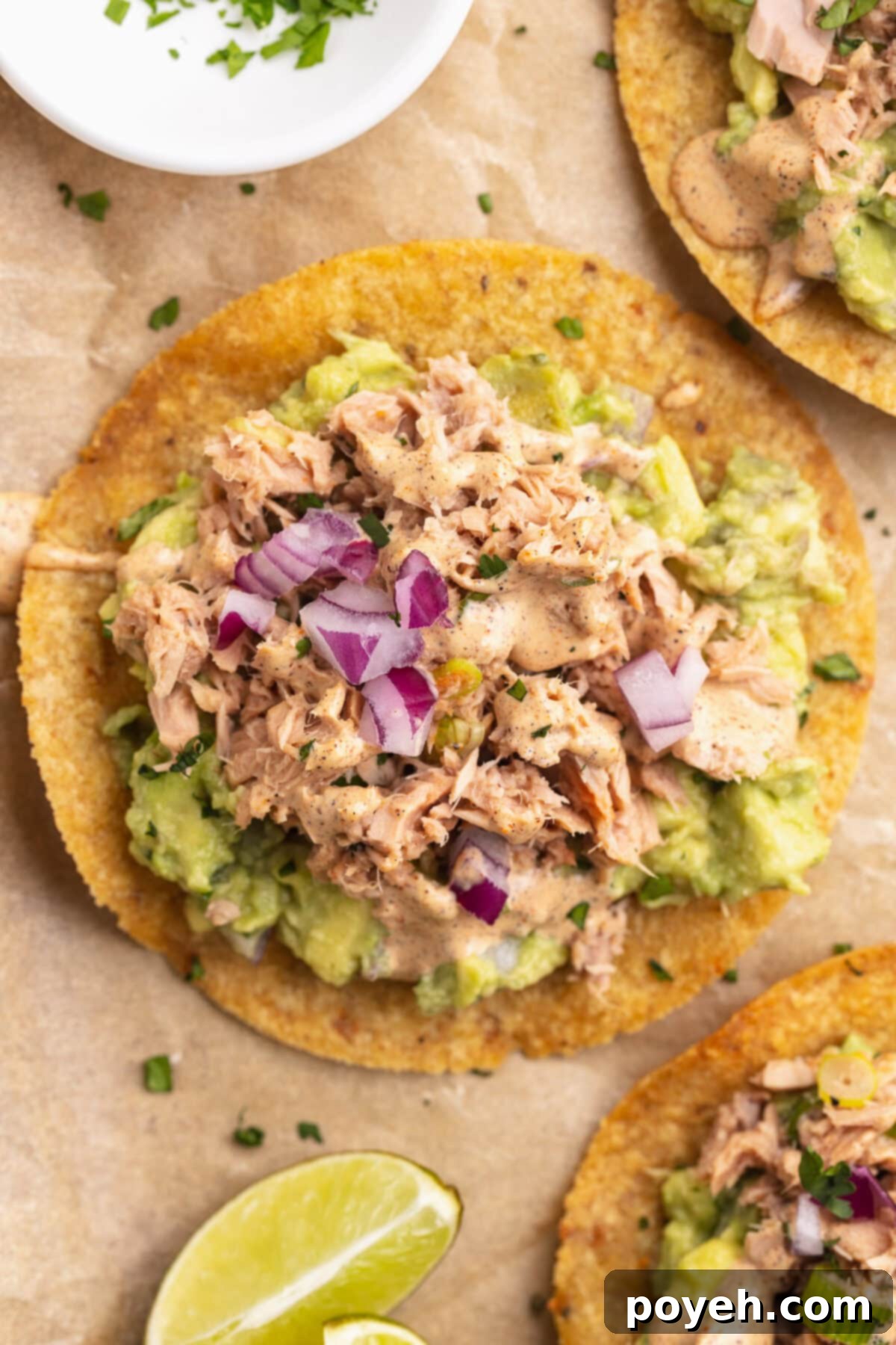 Zesty Tuna Crunch 3 Top-down view of a vibrant tuna tostada with guacamole, seasoned tuna, and a light slaw.