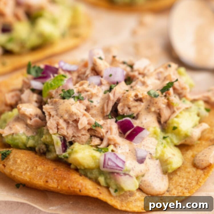 Zesty Tuna Crunch 4 Side view of a crisp tostada topped with tuna, guac, and fresh toppings.