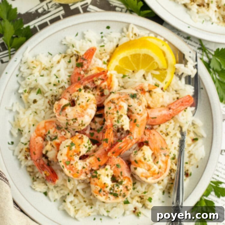 Lemony Garlic Shrimp with Rice 4 Overhead view of shrimp scampi on a plate of white rice.