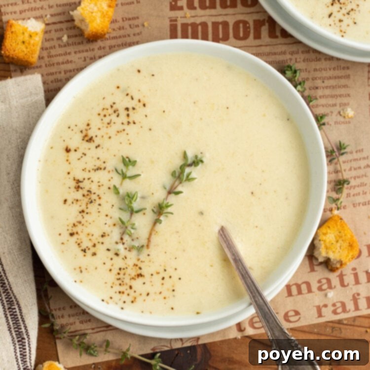 Top-down view of a bowl of rich cream of onion soup.