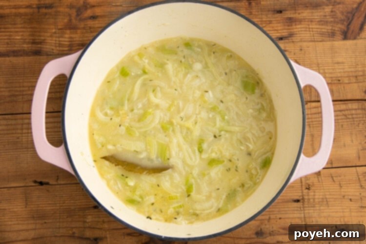 Chicken broth and remaining ingredients added to large pot for cream of onion soup.