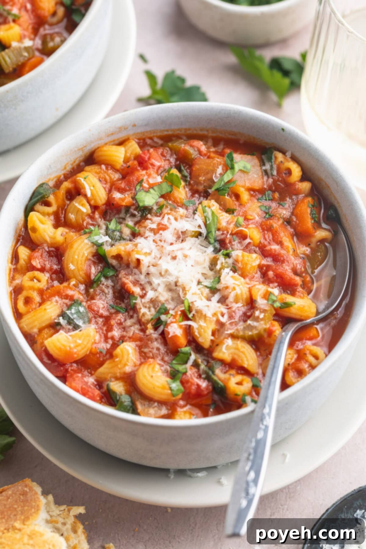 View of a large white bowl of tomato florentine soup.
