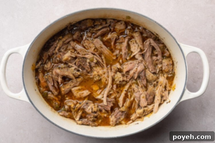 Shredded pork carnitas in a large dutch oven.