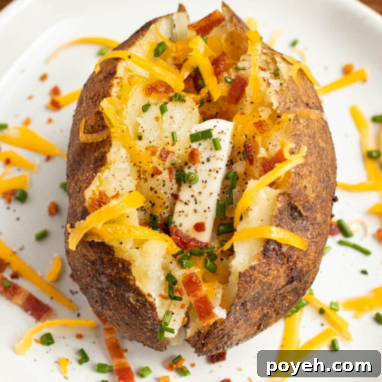 Overhead view of a smoked baked potato topped with cheese and bacon on a white plate.