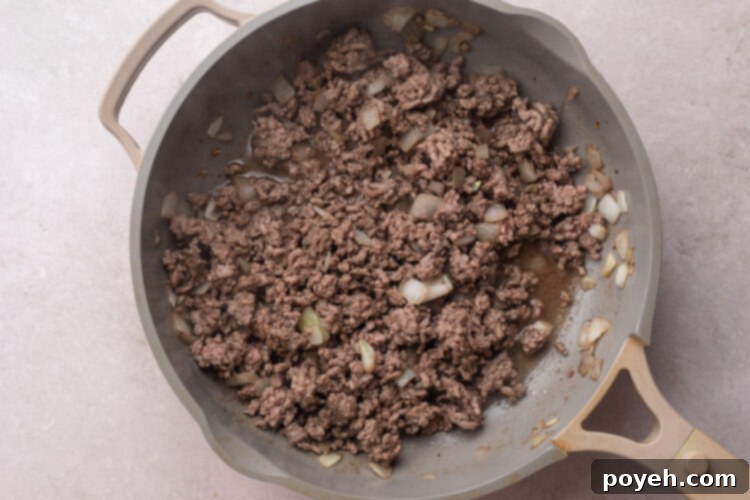 Ground beef and onion in large skillet.
