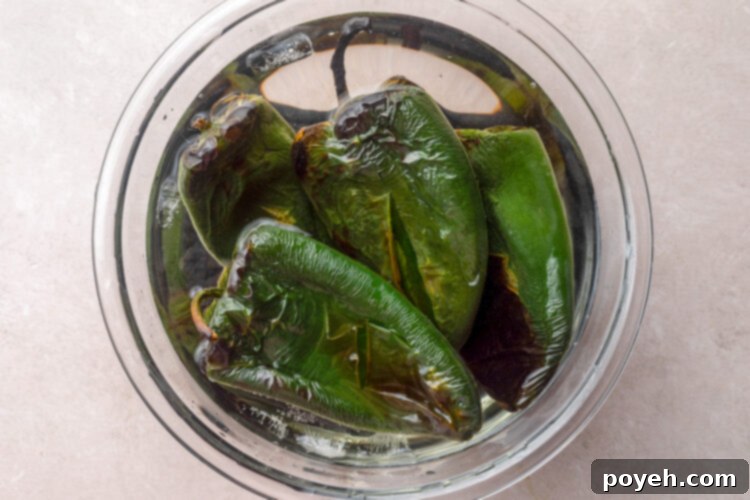 Charred and blistered poblano peppers in a bowl of cold water, ready for peeling.