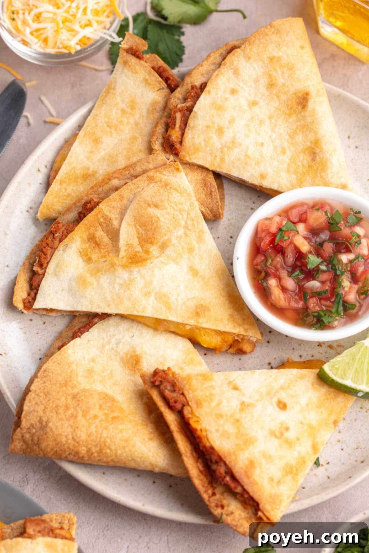 Crispy, golden-brown, triangle-shaped air fryer quesadilla slices on a plate with a ramekin of chunky pico de gallo, ready to be enjoyed.