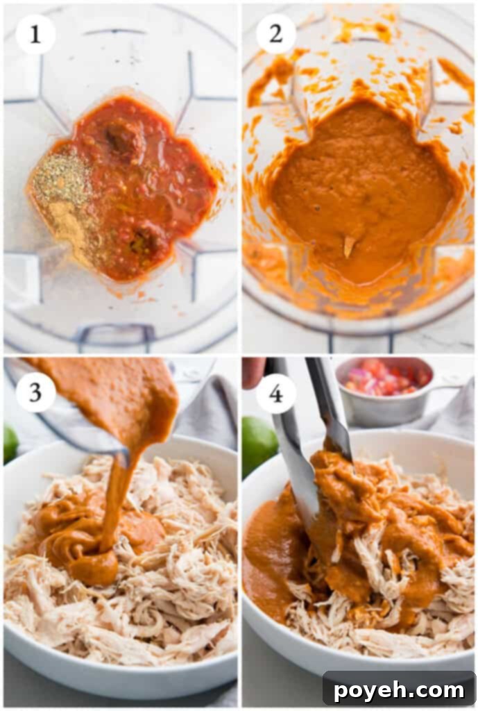 Step-by-step collage of how to make chicken tostadas, showing the cooking and assembly process