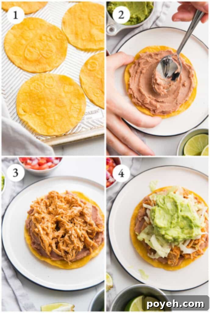 Collage of how to build the tostadas, showing each topping being added layer by layer