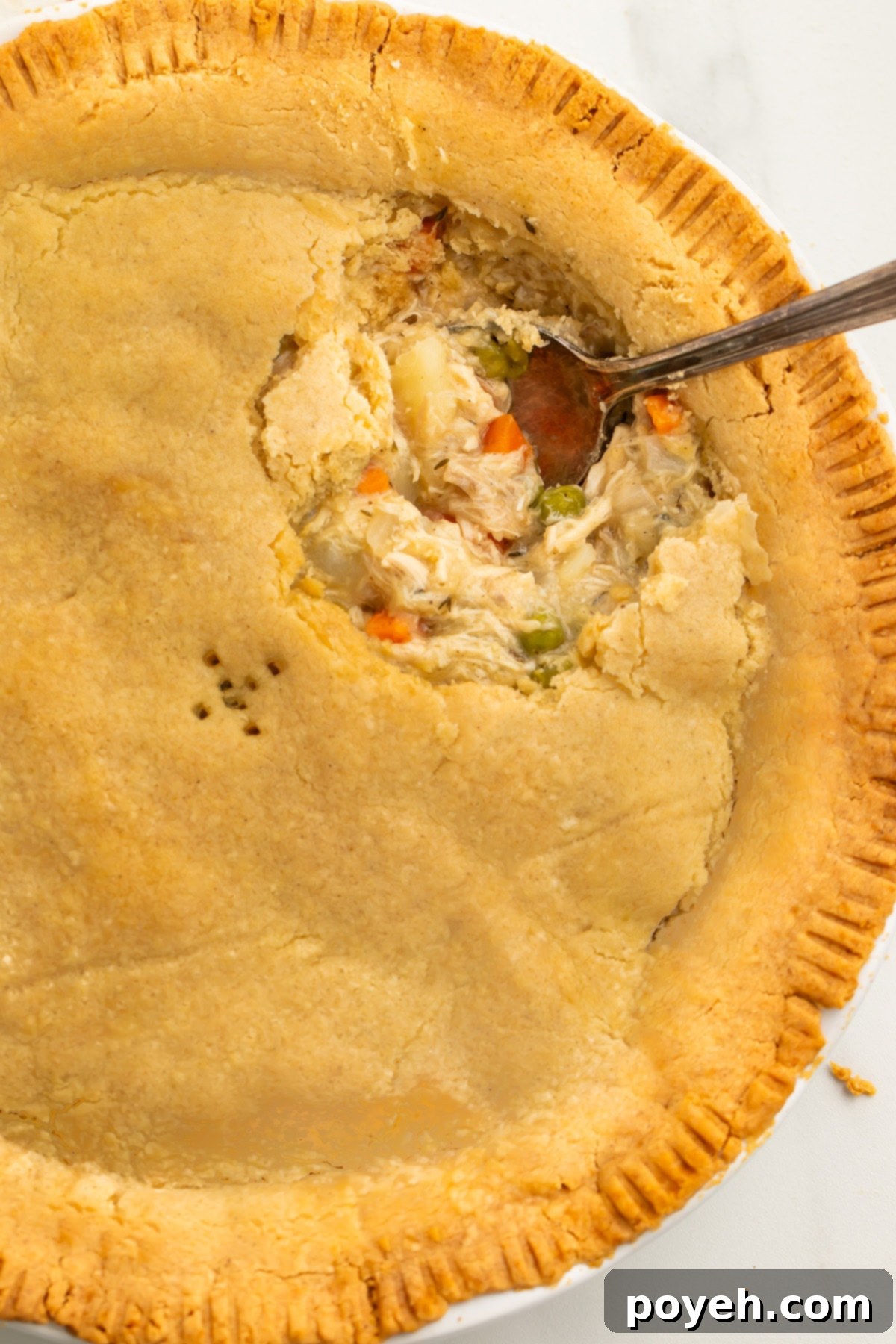 Overhead view of gluten free chicken pot pie in a pie plate, with a large scoop of chicken pot pie missing.