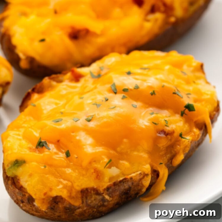 Air fryer twice baked potatoes topped with melty cheddar cheese and a garnish of chives on a white plate.