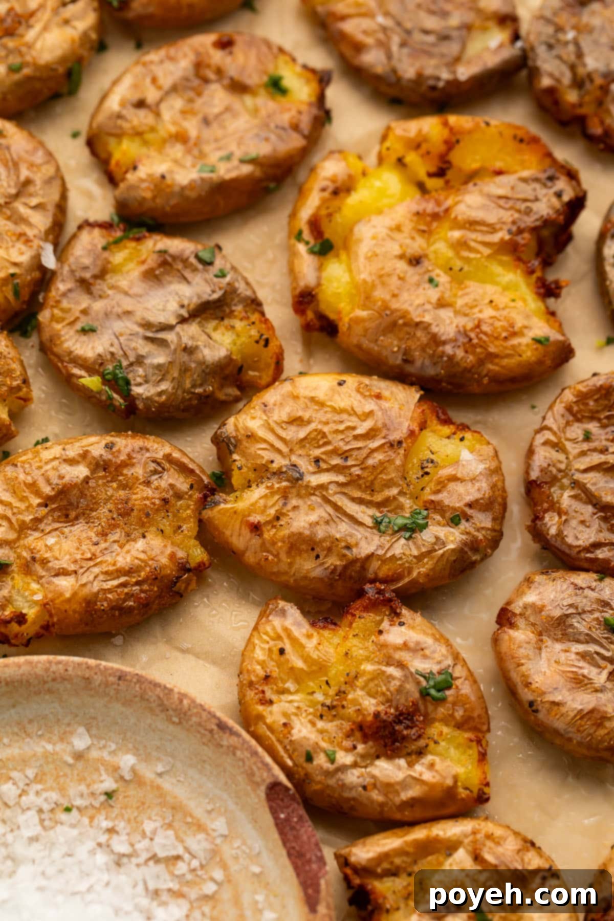 A close-up shot of several air-fried smashed potatoes, perfectly golden and crispy, sprinkled with fresh herbs, ready to be served.