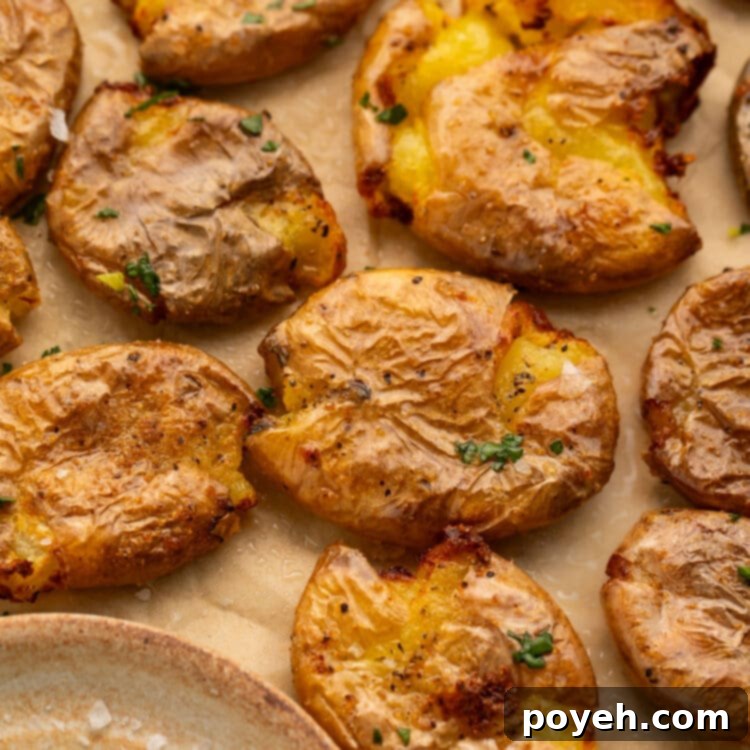 Multiple smashed potatoes, cooked in the air fryer, arranged on a sheet of parchment paper next to a small dish of salt.