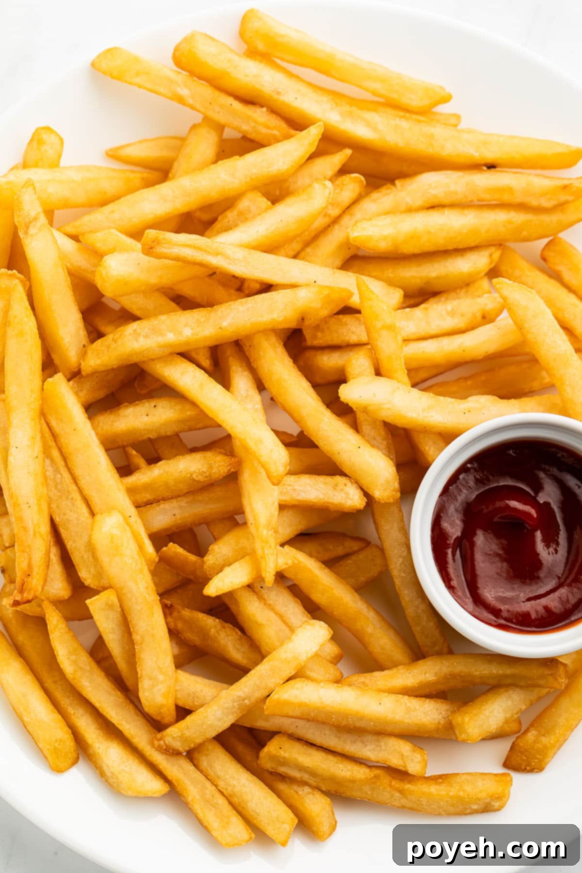 French fries reheated in the air fryer on a plate with a small ramekin of ketchup, ready to eat.