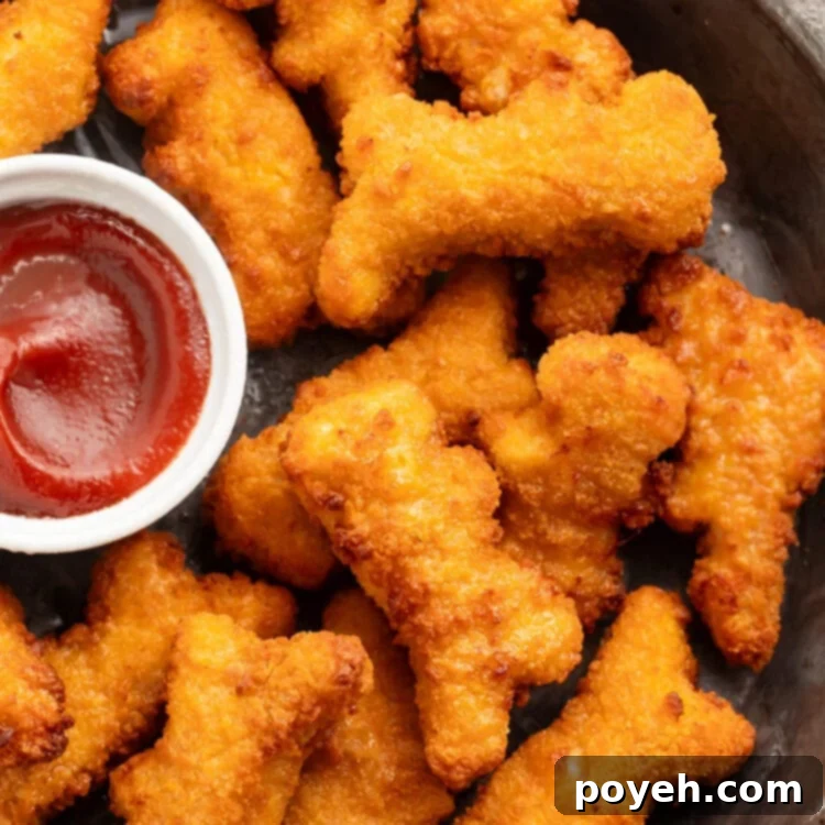 Air fryer dino nuggets on a plate with a small ramekin of ketchup.