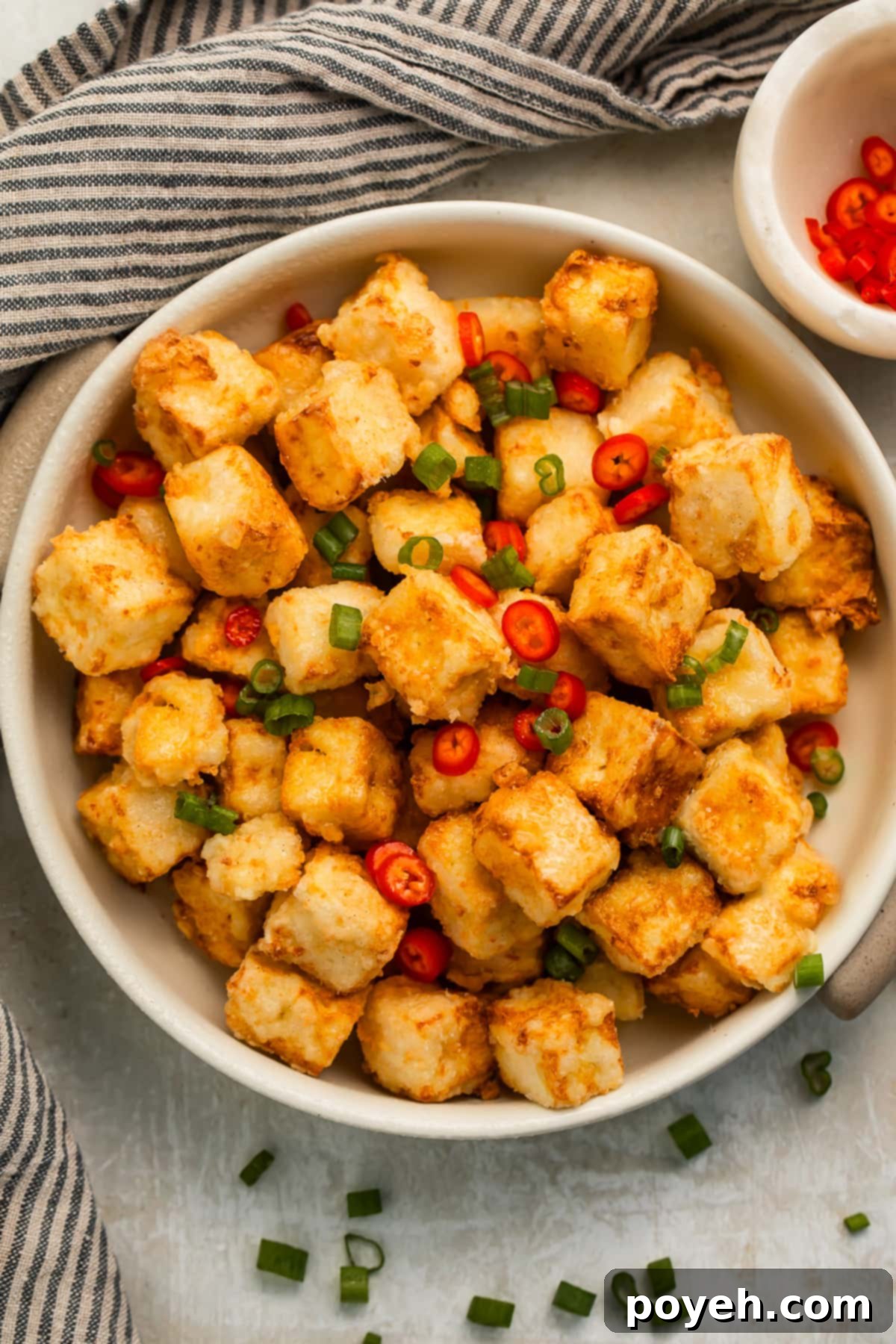 Overhead photo of a bowl of crispy breaded squares of tofu mixed with green onions and red chilies, perfectly seasoned.