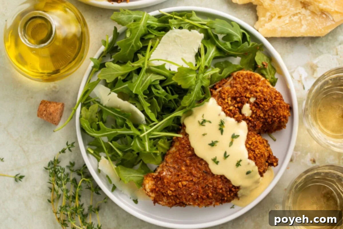 Pecan crusted chicken topped with a honey mustard yogurt sauce, plated with a small green leaf salad on a table with glasses of white wine and a bottle of olive oil.