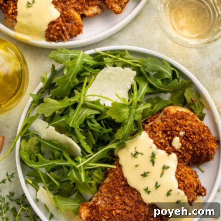Pecan crusted chicken topped with a honey mustard yogurt sauce, plated with a small green leaf salad on a table with glasses of white wine and a bottle of olive oil.