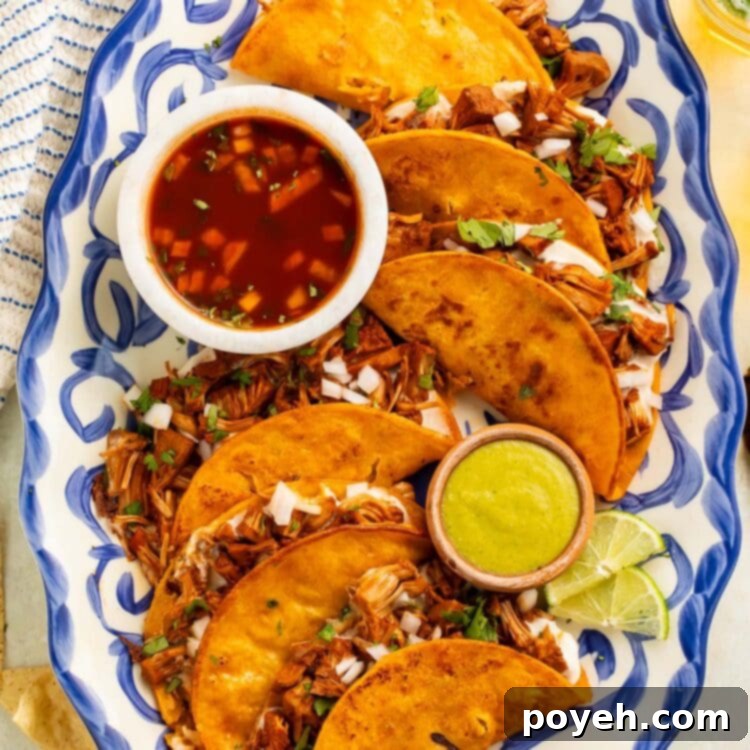 6 vegan birria tacos arranged on a blue-and-white oval platter with bowls of red salsa and green guacamole dip.