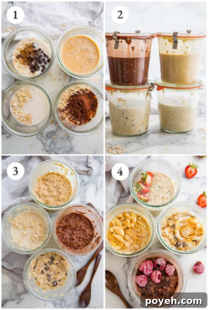 A step-by-step visual guide showing the preparation of vegan overnight oats, from mixing ingredients in jars to the final refrigerated product, ready for breakfast.