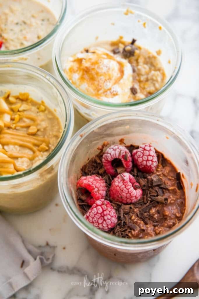 Three jars of vegan overnight oats, each featuring a different topping—berries, nuts, and chocolate shavings—demonstrating their appeal and readiness for consumption.