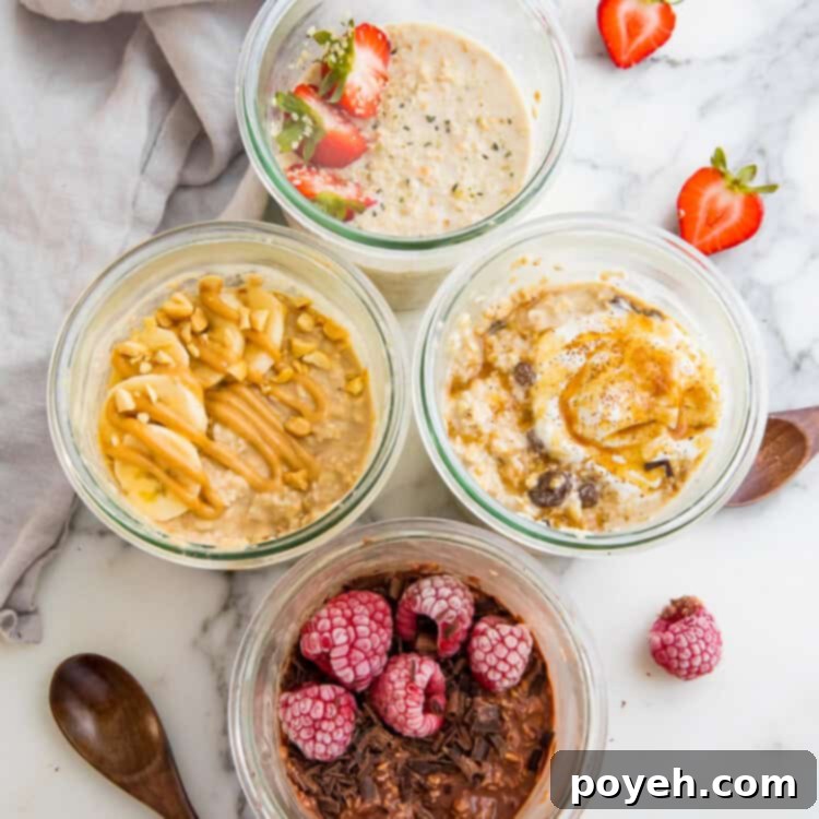 Four jars of vegan overnight oats with different toppings, arranged for a clean and appealing recipe presentation.