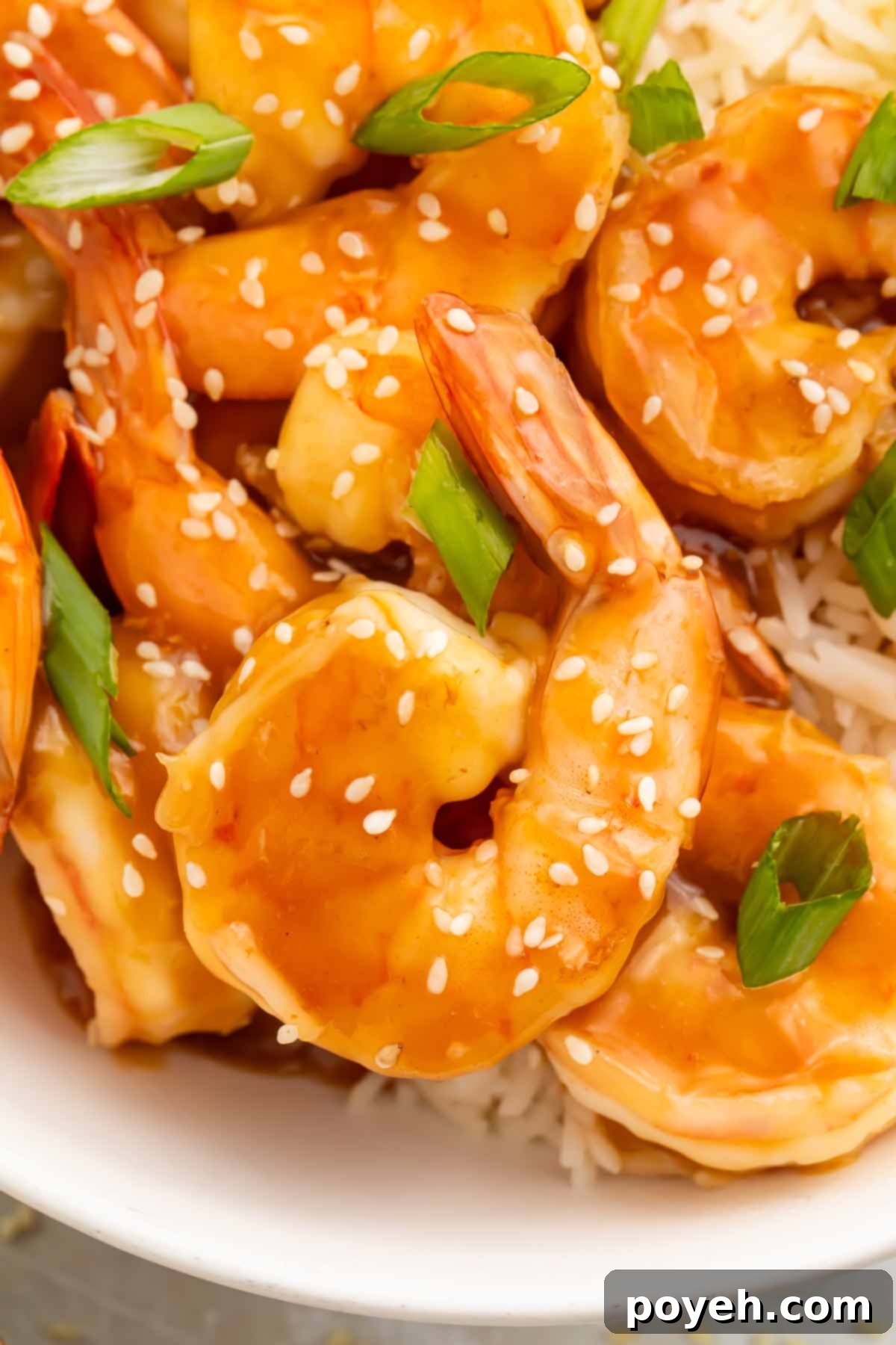 Close-up of teriyaki shrimp garnished with sliced green onions and white sesame seeds, ready to be served.