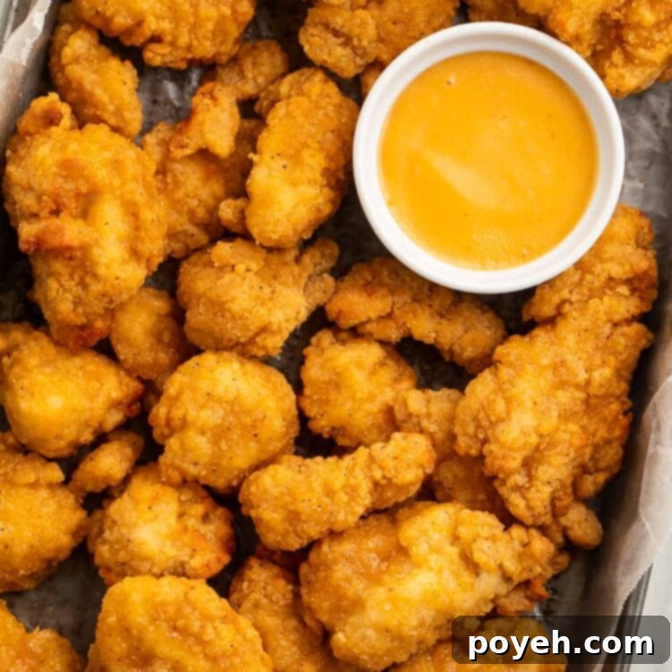 A pan lined with parchment paper holding air fryer cooked popcorn chicken and a ramekin of honey mustard sauce.