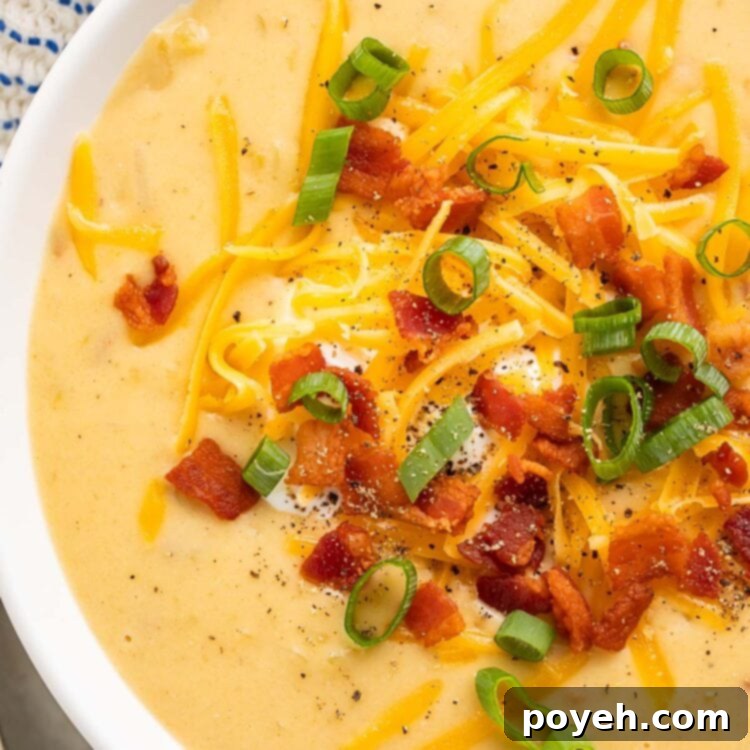 Close-up of gluten free potato soup in a large white soup bowl.