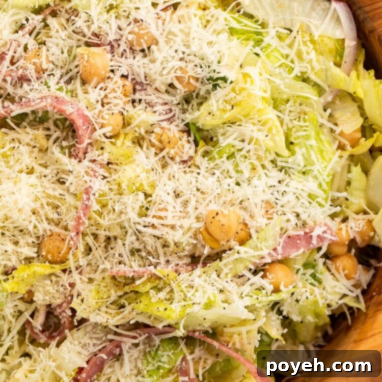 Close-up of Kardashian salad (La Scala chopped salad) in a wooden bowl.