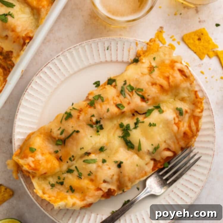Two chicken enchiladas on a white plate with a fork. There are glasses of beer and the pan of other enchiladas off to one side.