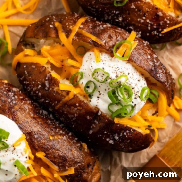 Smoked potatoes, split open and topped with shredded cheddar cheese, a dollop of sour cream, and thinly sliced green onions.
