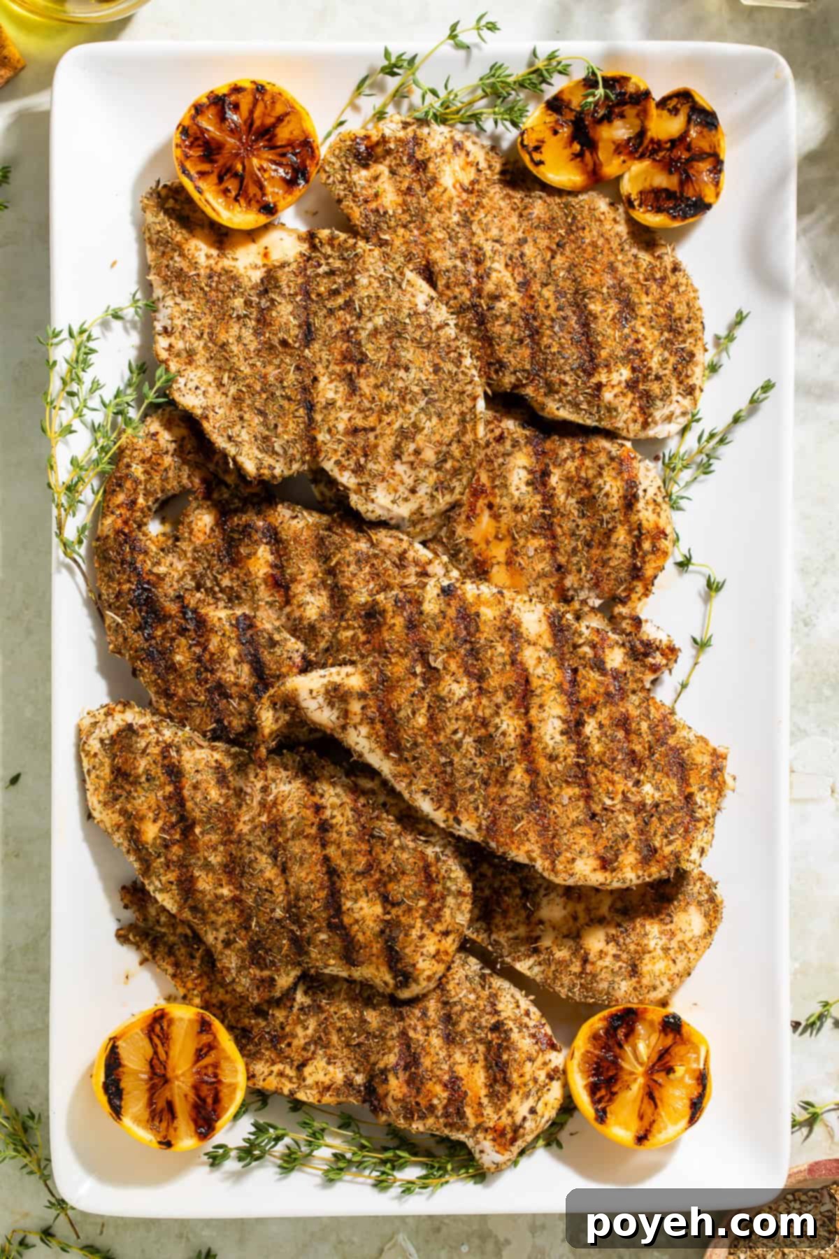 Full view of Texas Roadhouse herb-crusted chicken on a large white rectangular platter, garnished with lemon and fresh herbs, ready to serve.