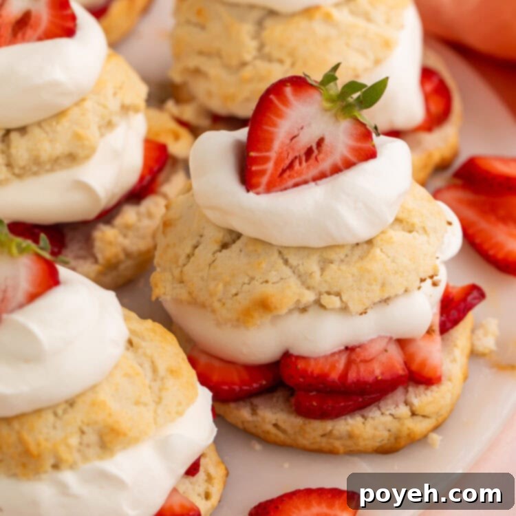 Close-up of a single Vegan Strawberry Shortcake, layered with biscuit, fresh strawberries, and creamy topping, ready to be served.
