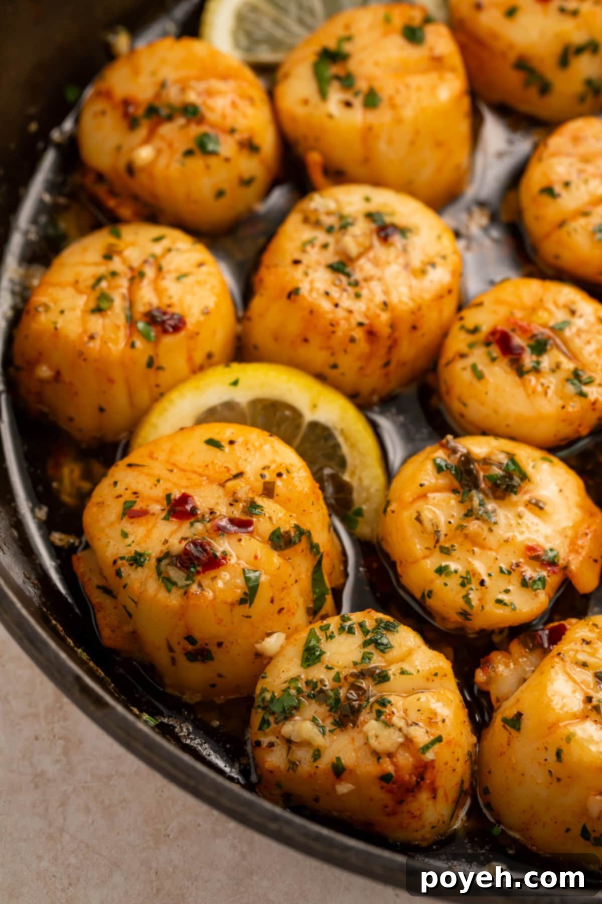 Close up of scallops in a lemon, chilli, garlic and herb butter in a cast iron skillet. 